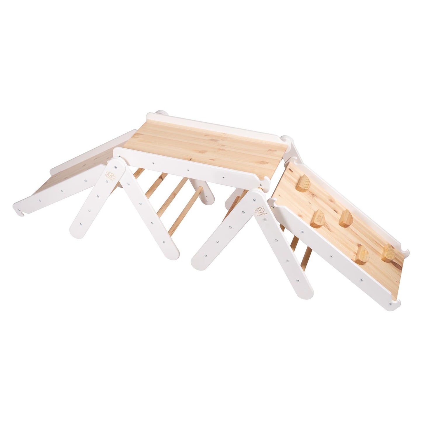 White wooden climbing triangle with slide assembled view from angle