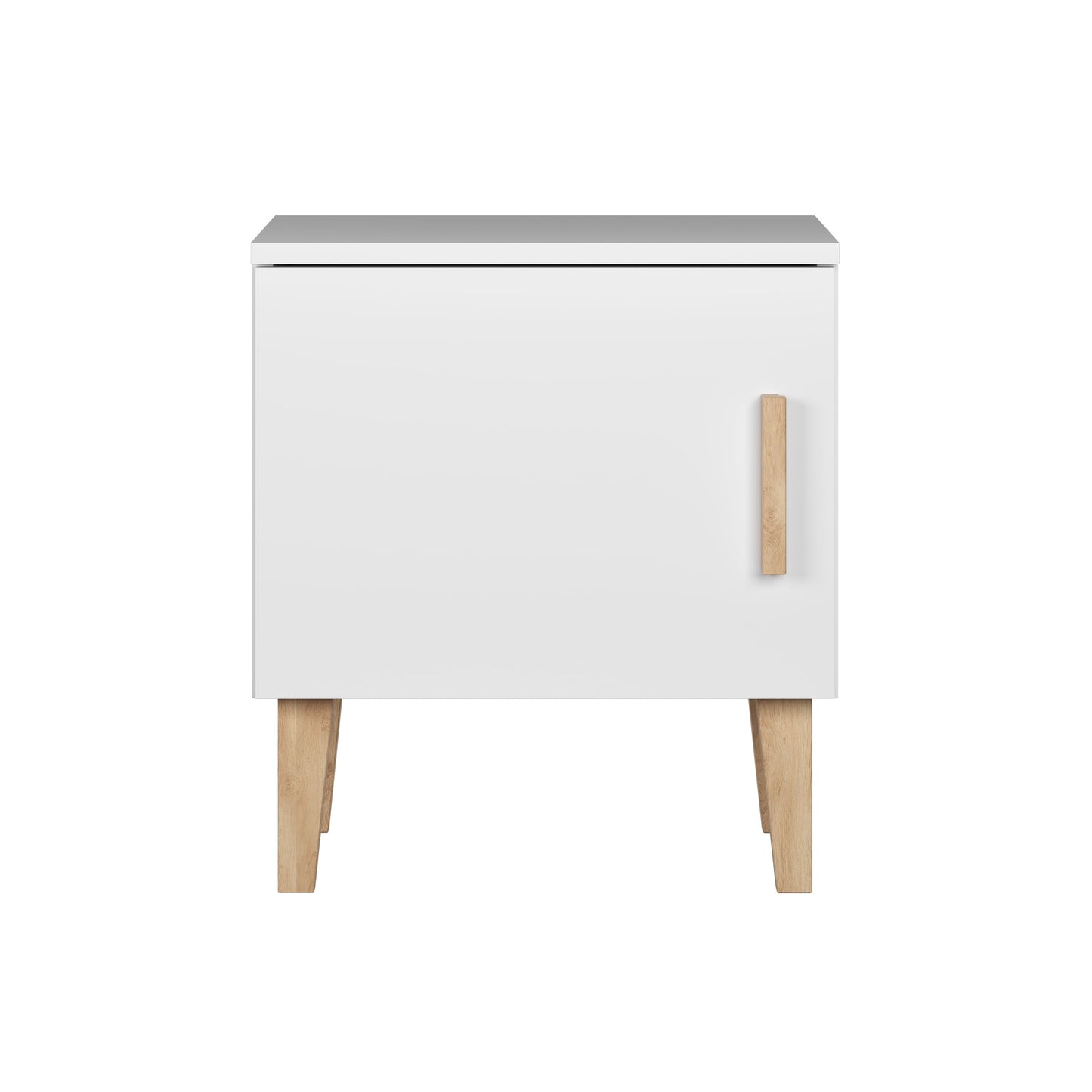 White Kubi bedside table front view with oak legs and minimalist push-to-open door