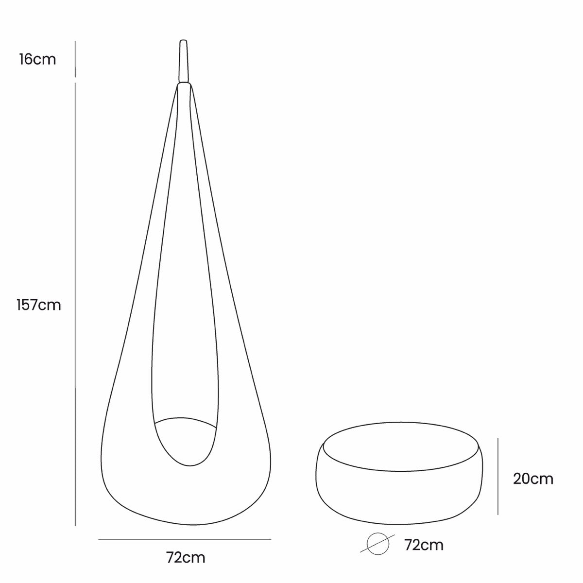 Cocoon swing dimensions showing 157cm height, 72cm width, and 20cm cushion depth specifications