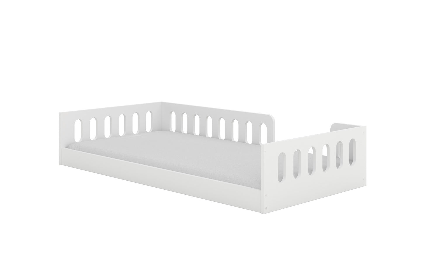 Low toddler floor bed with reinforced safety sides and mattress support