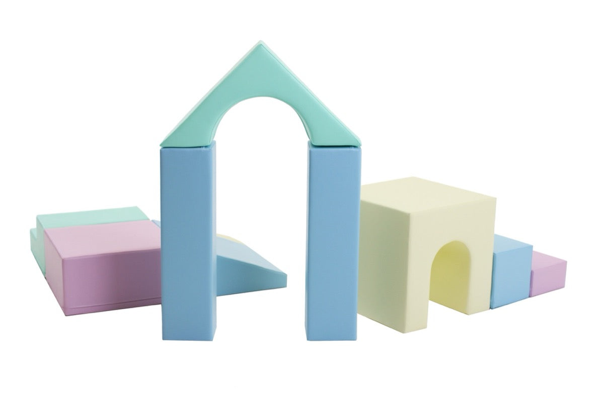 IGLU 10-piece soft foam block set in light pastel colors displayed in various shapes