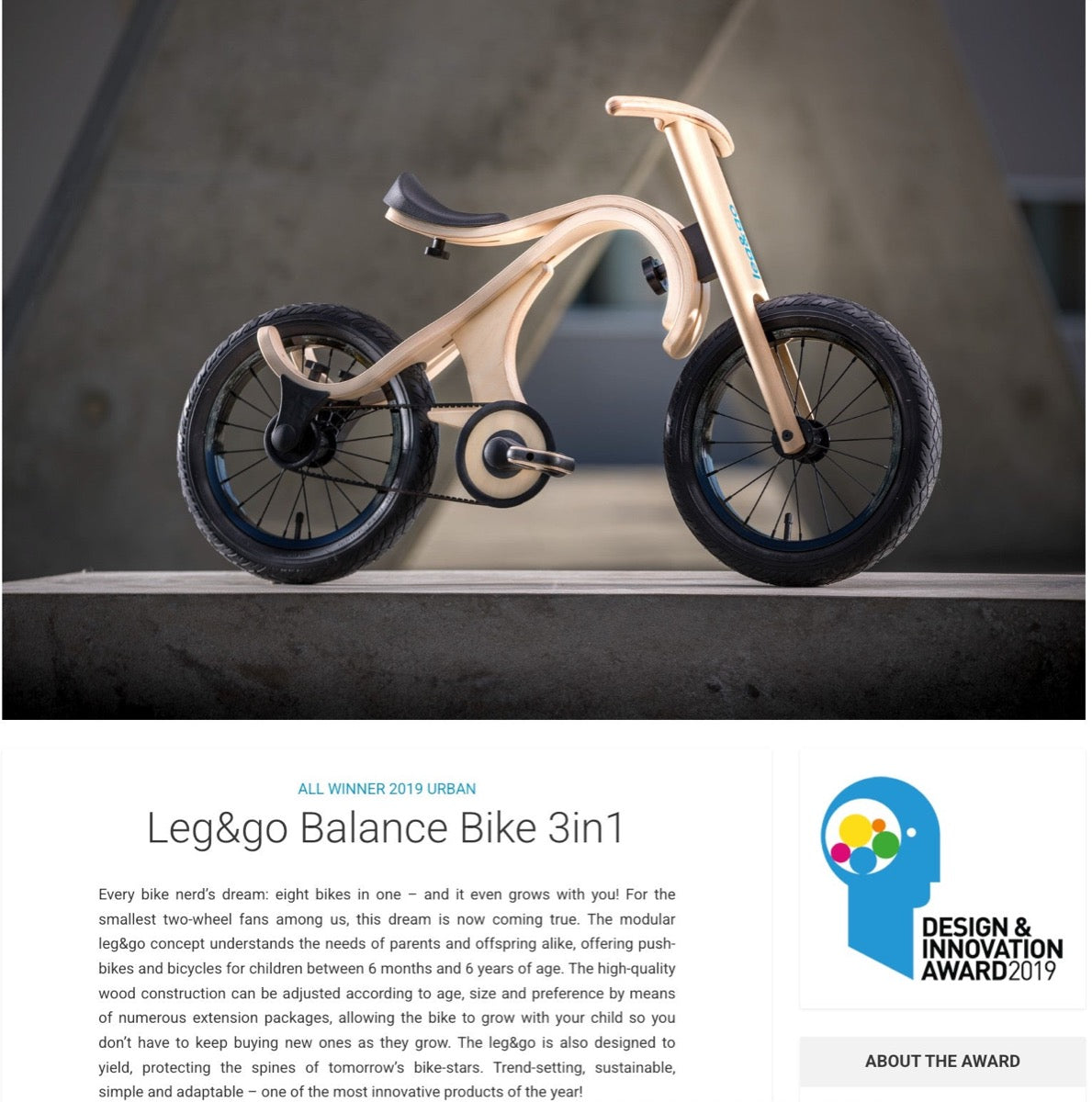 leg&go Balance Bike 3in1 Design & Innovation Award 2019 – award-winning wooden kids bike