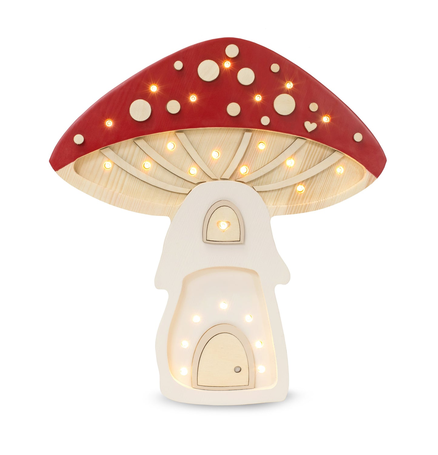 Mushroom lamp with deep red cap and warm white LED lights lit for children's room