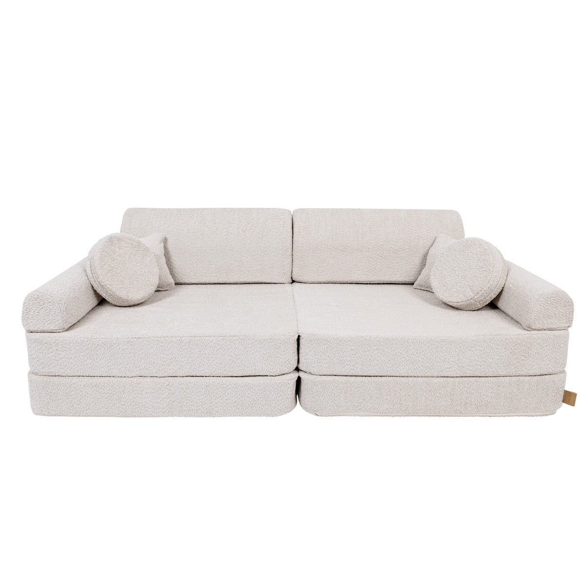 MeowBaby Large Modular Kids Sofa Boucle Champagne Ecru – sofa assembled with round bolster pillows each side | Nestling