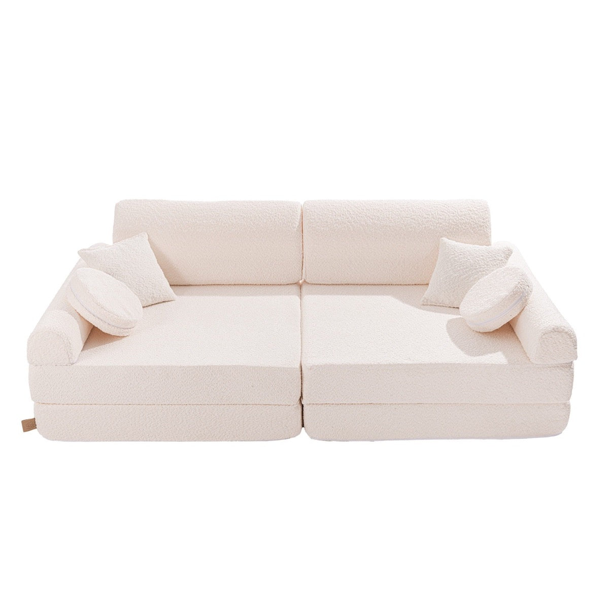 MeowBaby Large Modular Sofa Premium Boucle Kids Couch – child relaxing on white boucle sofa | Nestling