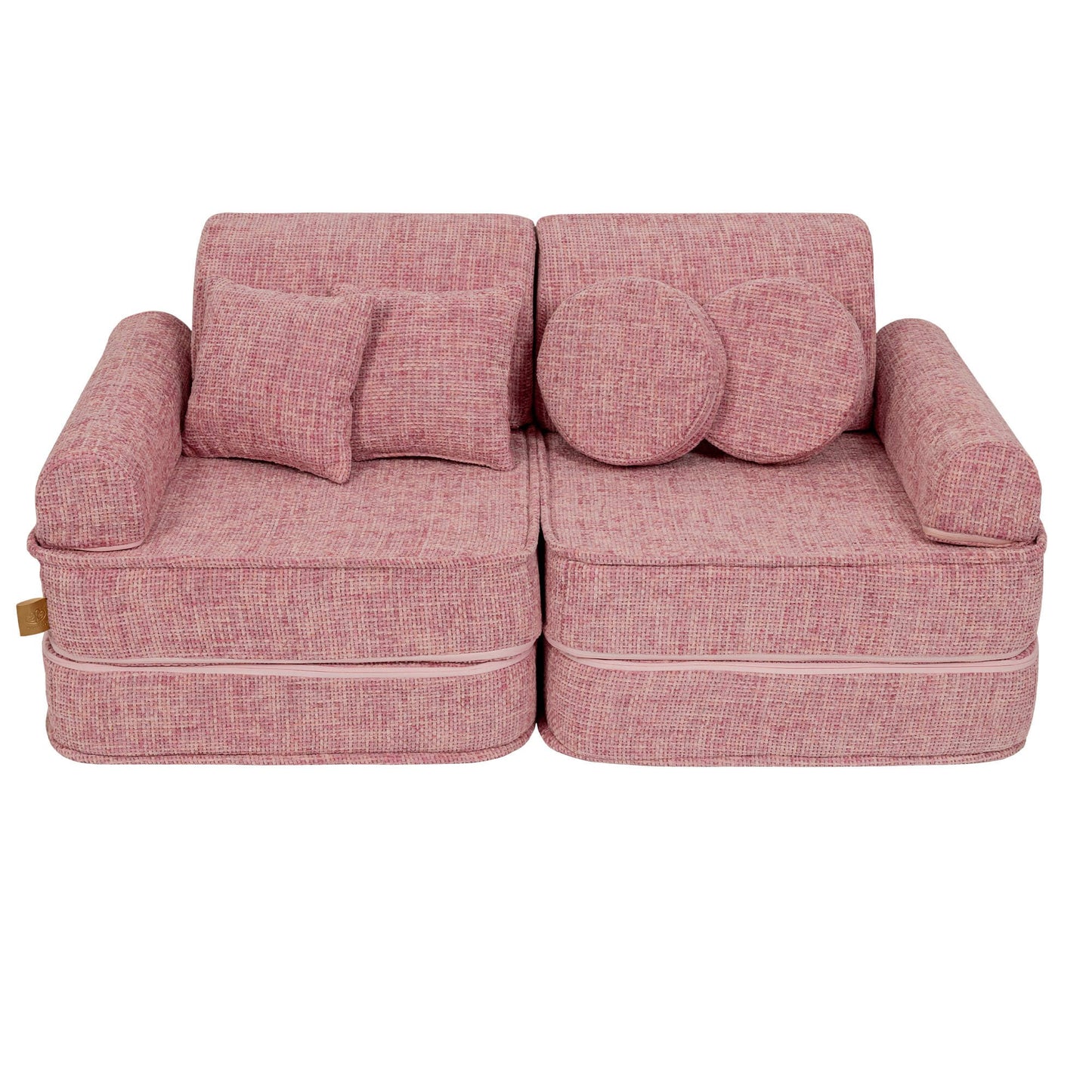 MeowBaby Modular Kids Sofa – Tangle Bubblegum Pink – страничен изглед диван с кръгла възглавница | Nestling