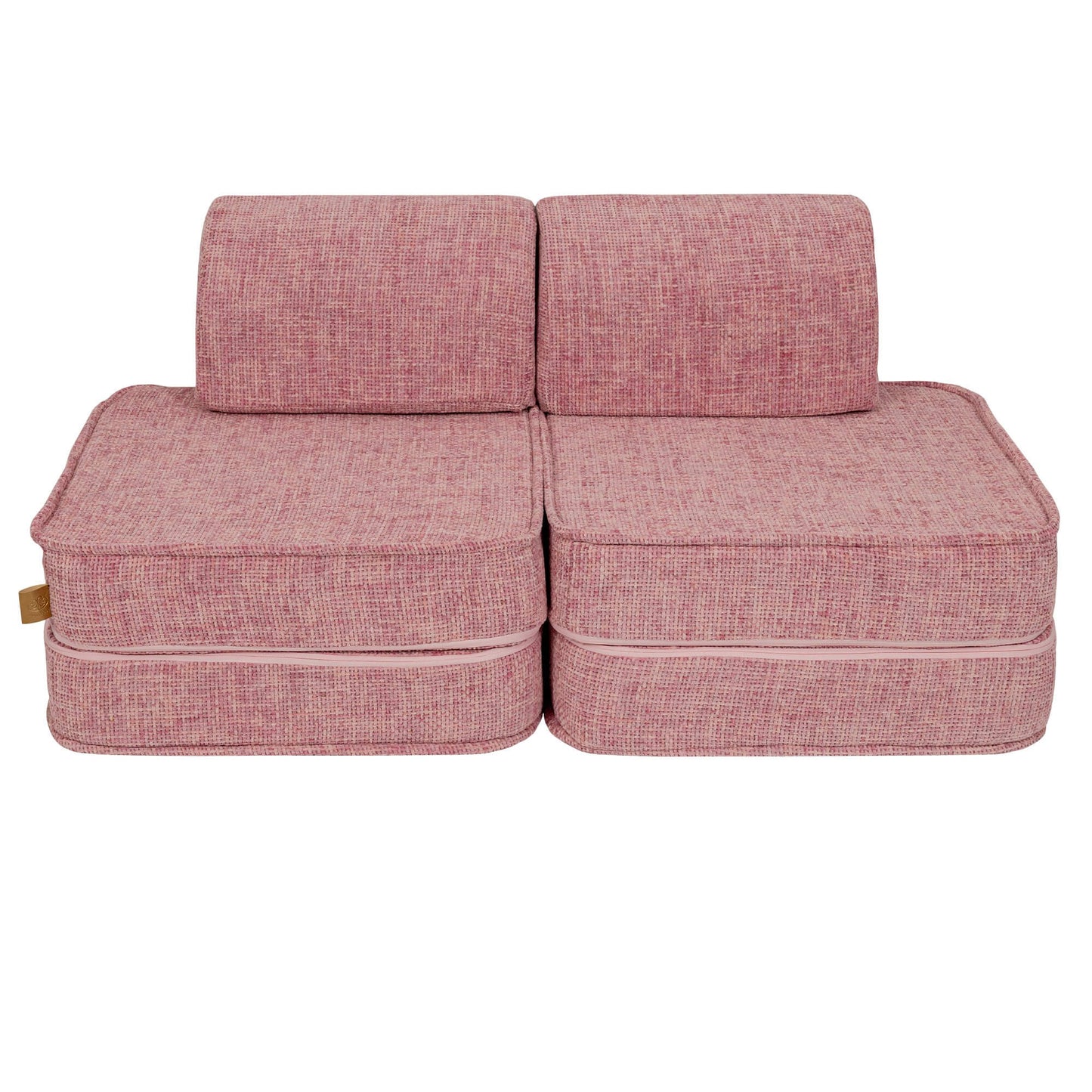 Front view of bubblegum pink modular children's sofa in two-seat setup with back support