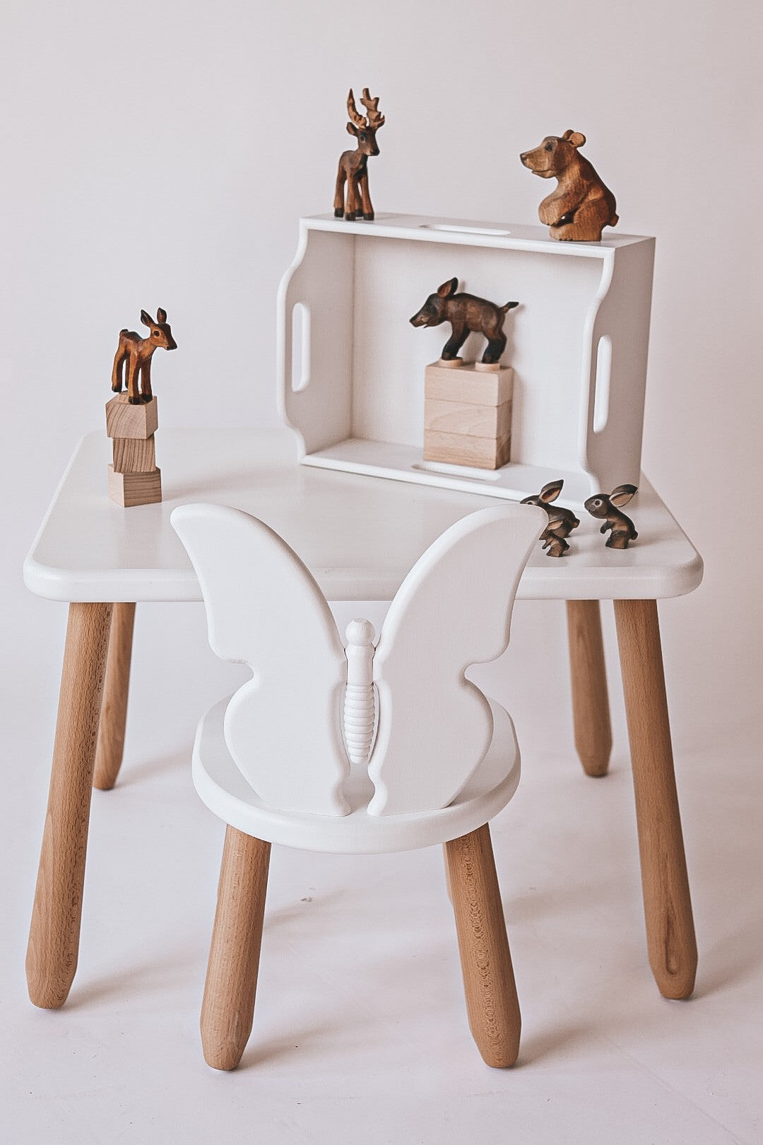 Close-up of Kidozia Butterfly children's chair with beech wood seat and backrest