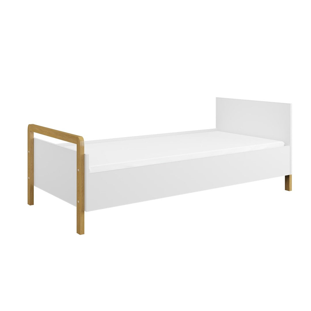 Victor kids bed front view showing white panels and solid oak leg frame on clean white background