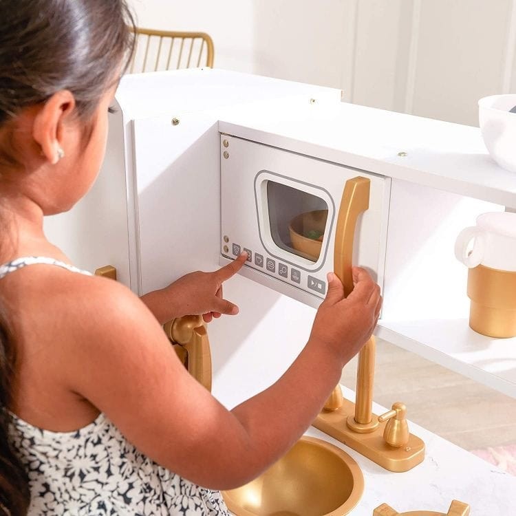 Angelove Large White & Gold Wooden Play Kitchen for Kids | Nestling