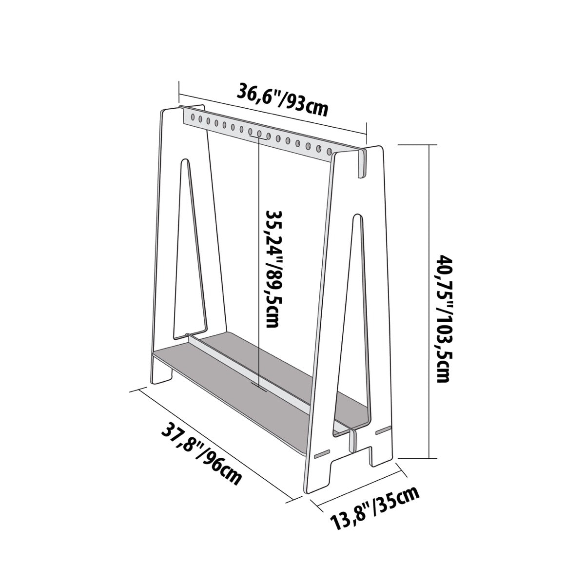 Dimension diagram of Montessori house bed clothing rack showing height and width measurements