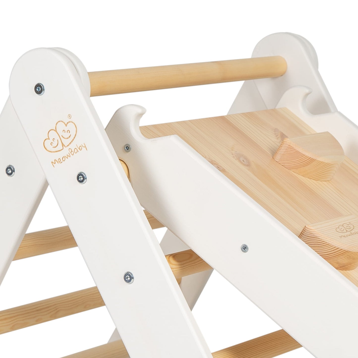 White and natural wood climbing ladder with slide attached, close-up of MeowBaby logo detail
