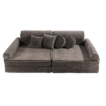 MeowBaby modular sofa in brown corduroy fully assembled with cushions and round bolsters