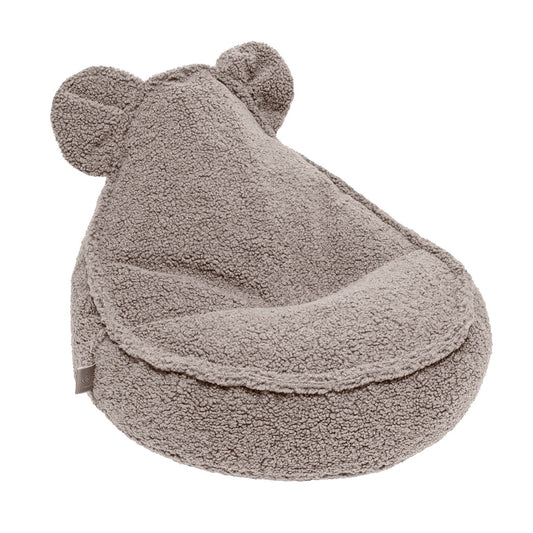 Grey teddy bear-shaped bean bag pouf with soft texture and rounded ears for kids