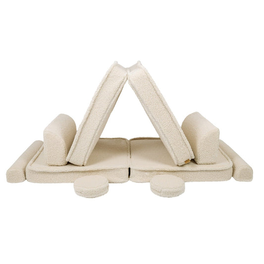 Bearly cream modular sofa assembled in tent configuration with cushions and cylindrical supports
