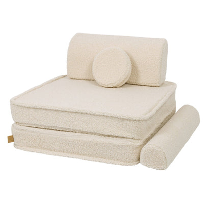 Bearly cream modular sofa assembled as low seating with backrest and round pillow support