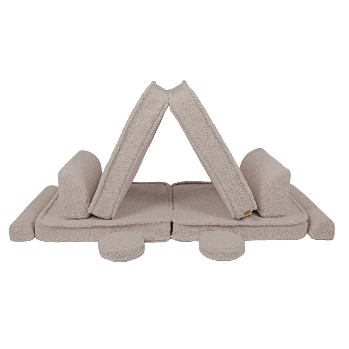 MeowBaby modular sofa assembled in tent configuration with light grey foam blocks