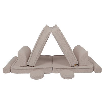 MeowBaby modular sofa assembled in tent configuration with light grey foam blocks