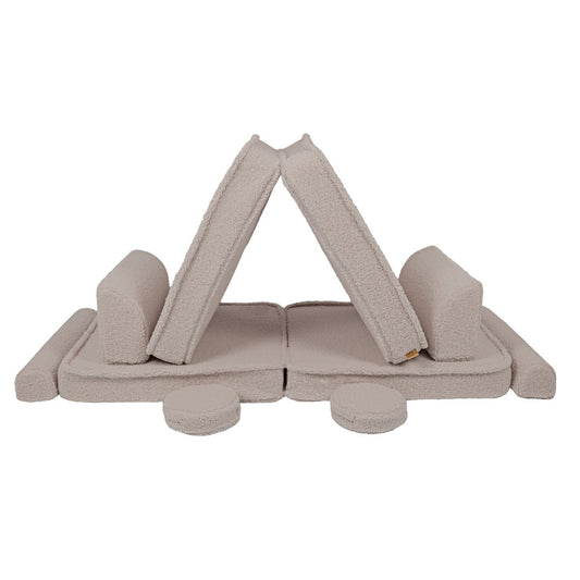 MeowBaby modular sofa assembled in tent configuration with light grey foam blocks