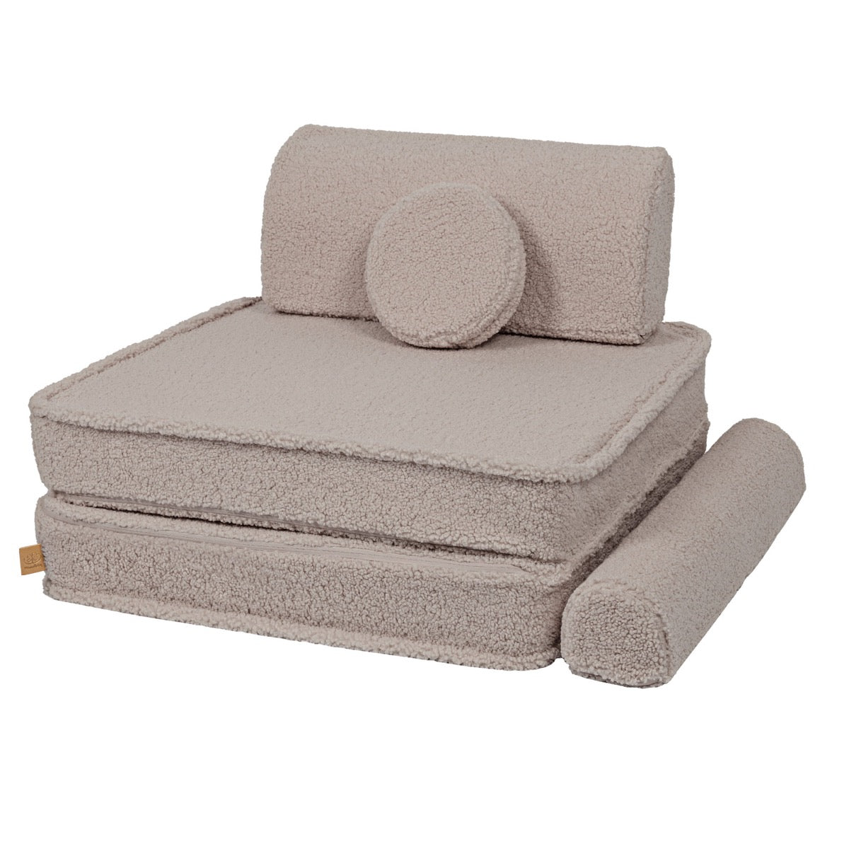 MeowBaby modular sofa stacked configuration showing layered foam pieces and bolster pillow