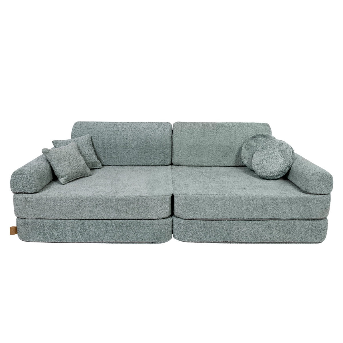 Fresh mint boucle modular sofa front view with cushions and round bolster pillows