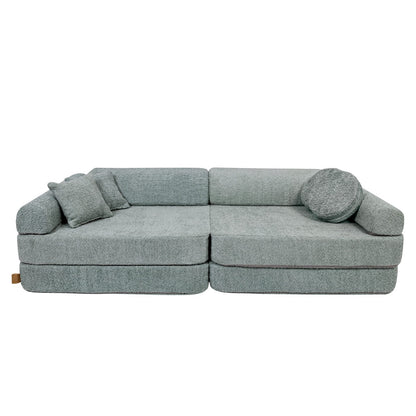 Front-facing fresh mint boucle kids sofa with round side bolsters
