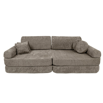 MeowBaby modular sofa front view with tan boucle fabric and cylindrical pillows