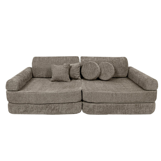 MeowBaby modular sofa front view with tan boucle cushions and decorative pillows