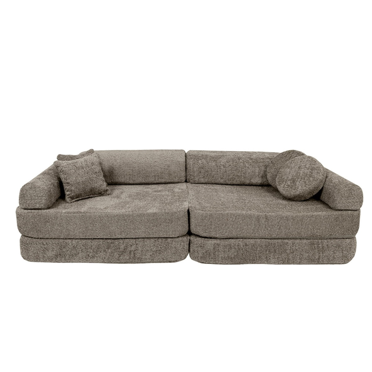 MeowBaby modular sofa side angle showing soft boucle fabric and rounded armrests
