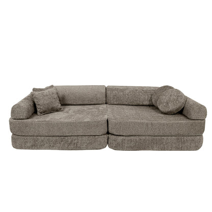 MeowBaby modular sofa side angle showing soft boucle fabric and rounded armrests