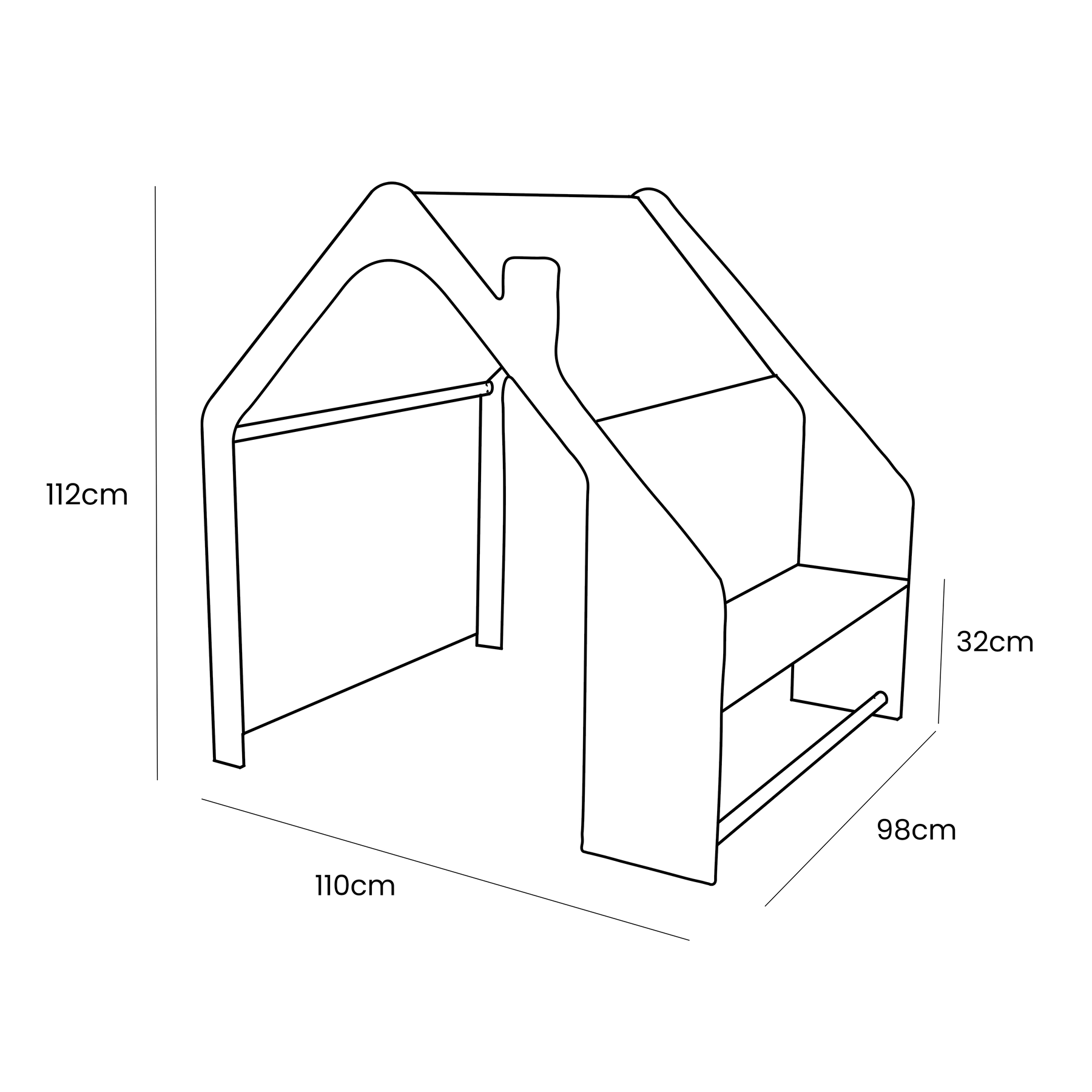 Dimension diagram of wooden playhouse showing 112cm height, 110cm width, 98cm depth