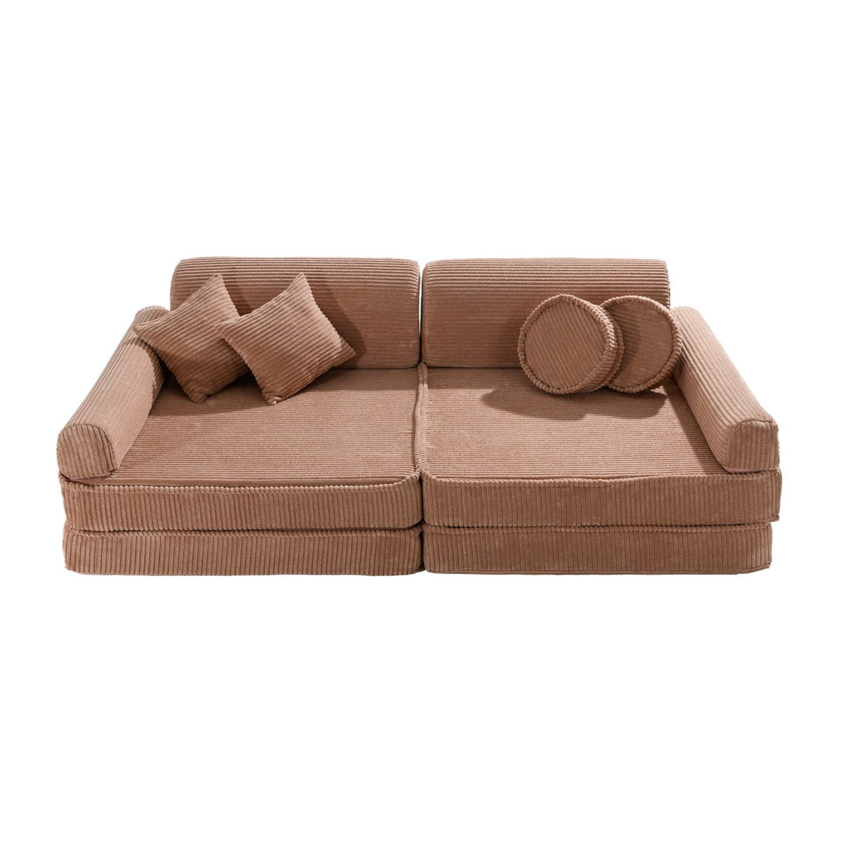 Powder pink corduroy modular sofa with two cushions, square pillows, and round armrests, top view