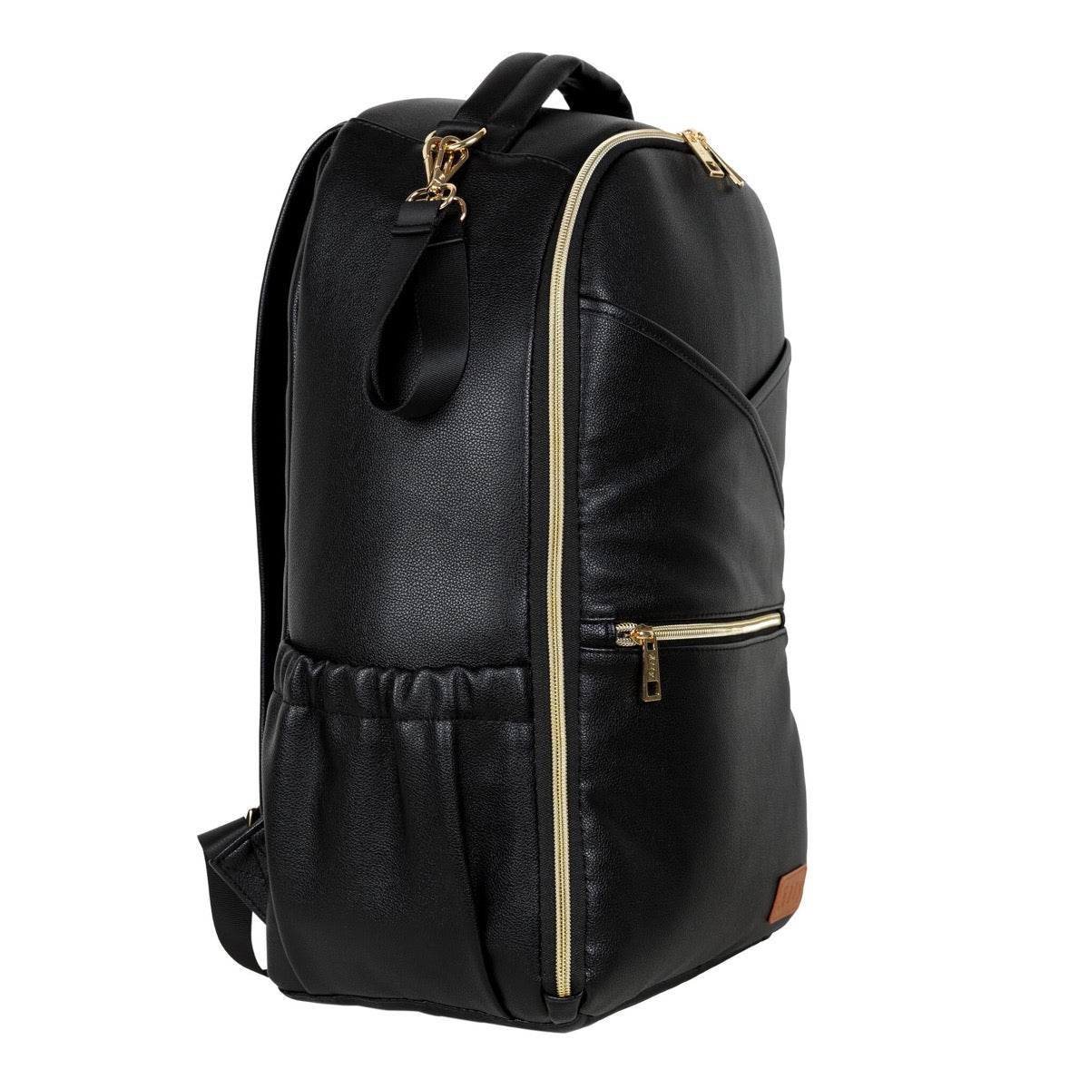 Espresso diaper backpack side profile showing organized pockets and padded shoulder straps