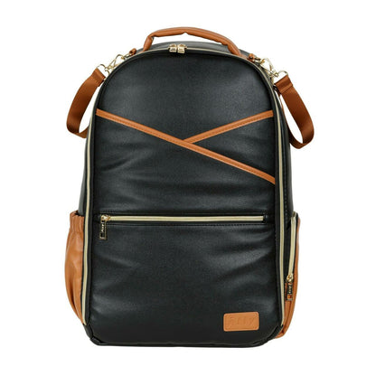 Ally Scandic large diaper backpack in black coffee with tan leather handles and straps, front view