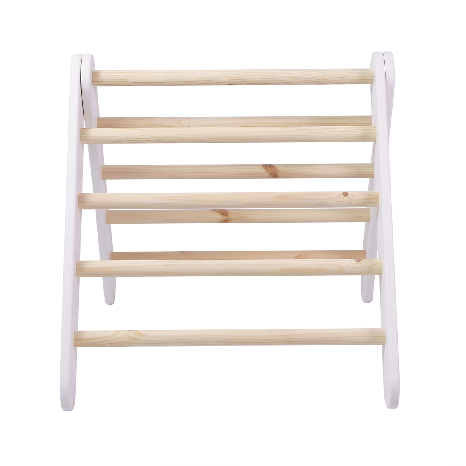 White wooden climbing wall with horizontal wooden rungs, rear view