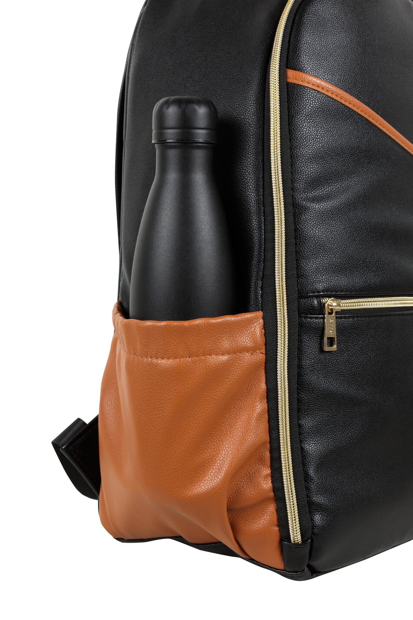 Side pocket detail of black diaper backpack with tan vegan leather compartment holding water bottle
