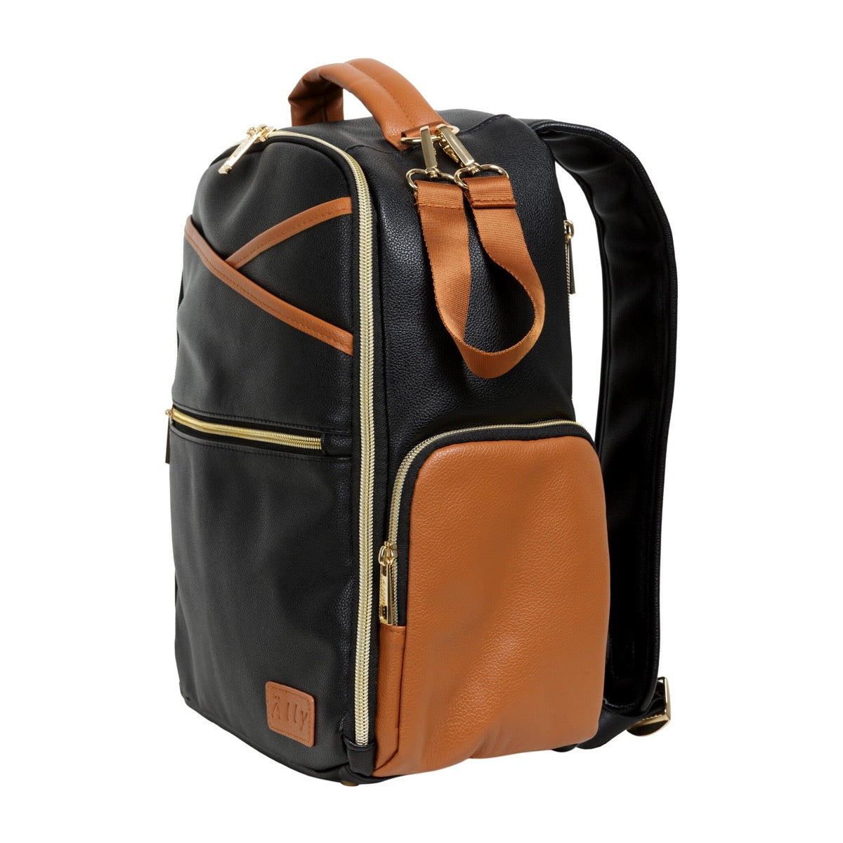 Side profile of black and tan diaper backpack with cross-body straps