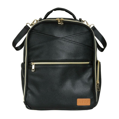 Black Ally Scandic diaper backpack front view with tan leather label