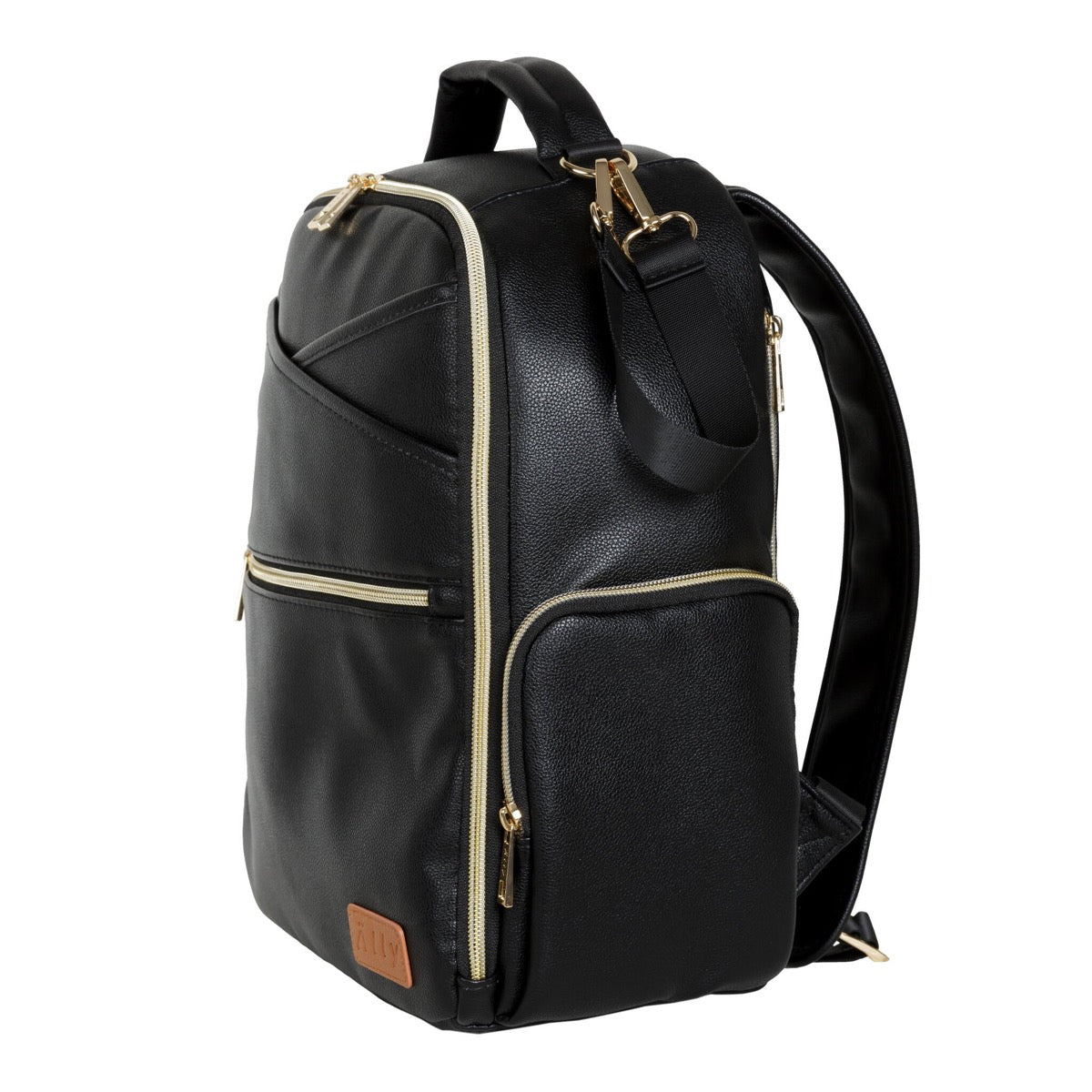 Black Ally Scandic diaper backpack back view highlighting side pocket