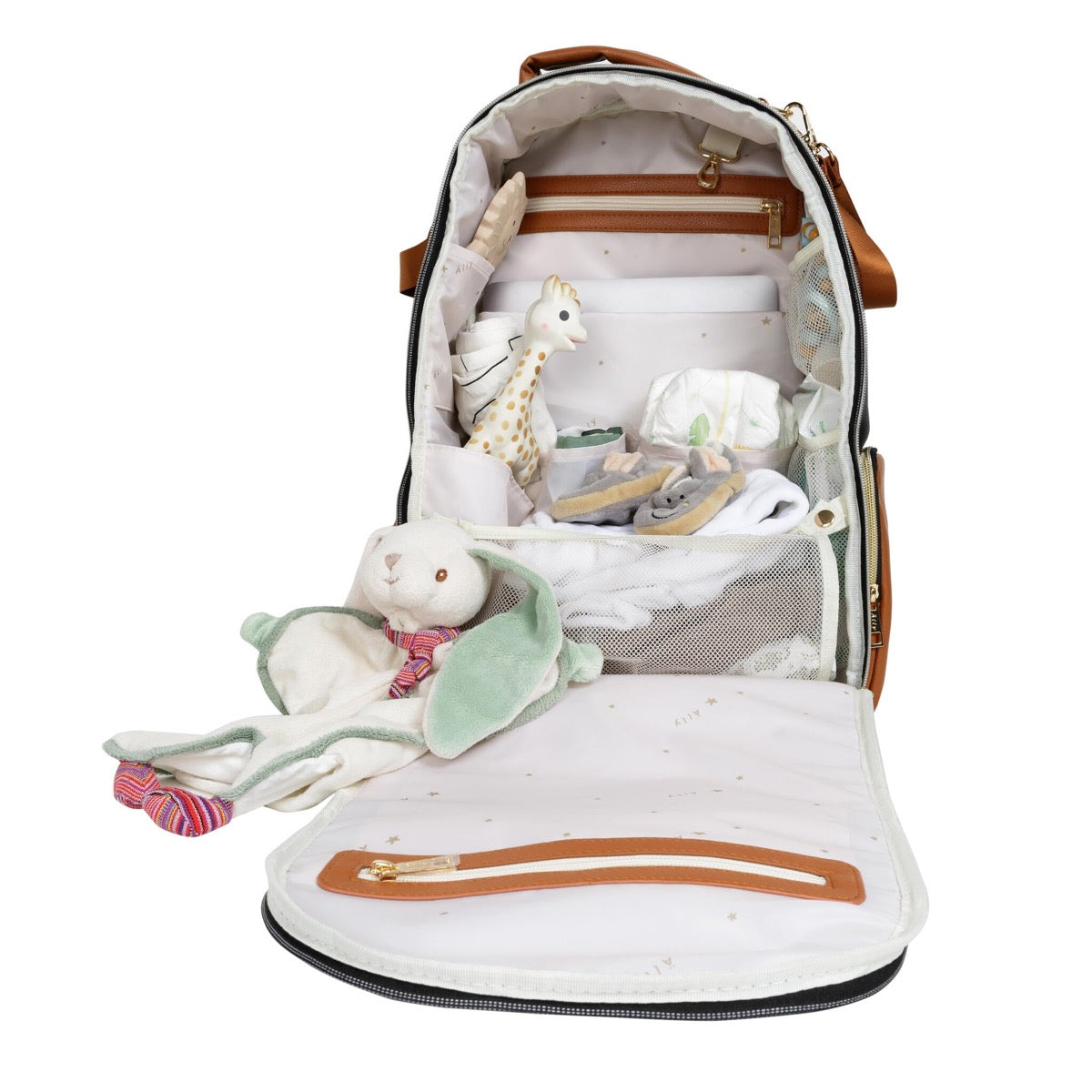 Interior view of diaper backpack with white lining, multiple compartments and tan dividers