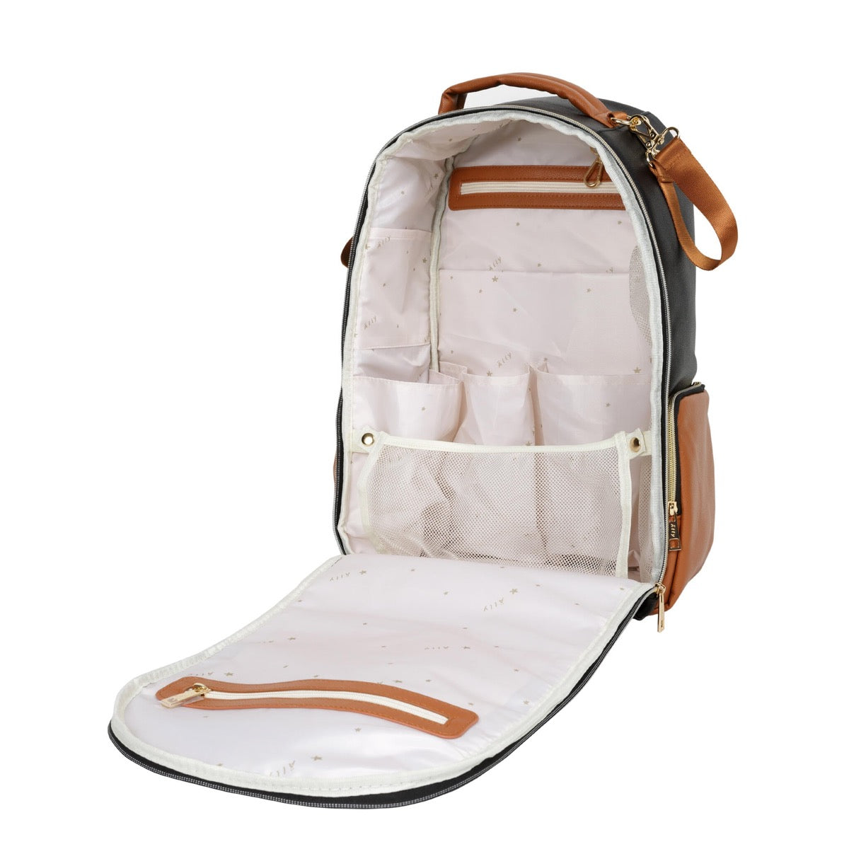 Open diaper backpack displaying organized white interior with storage compartments and changing pad