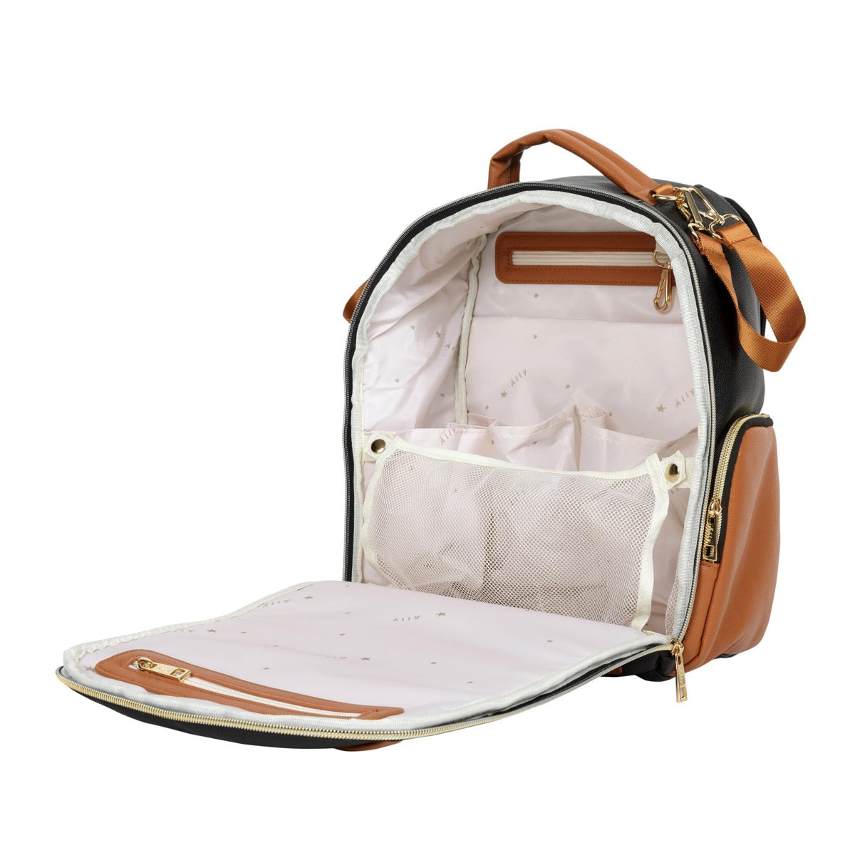 Packed diaper bag interior with diapers, baby toy, and organized supplies