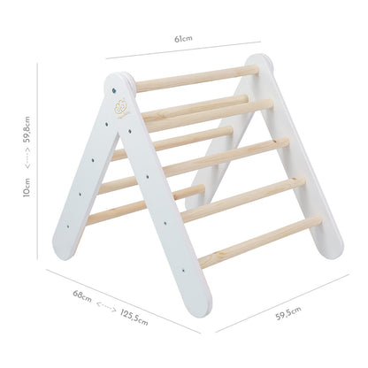 White wooden climb and slide set with dimensions labeled, 3D isometric view