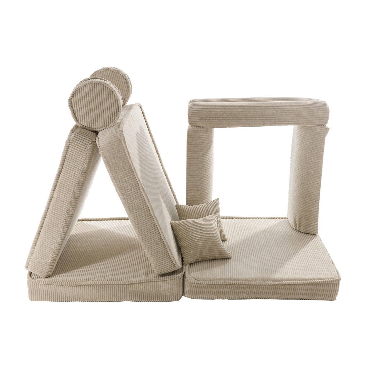 Modular corduroy sofa components including tent frame, seat base, and cushion pieces in ecru
