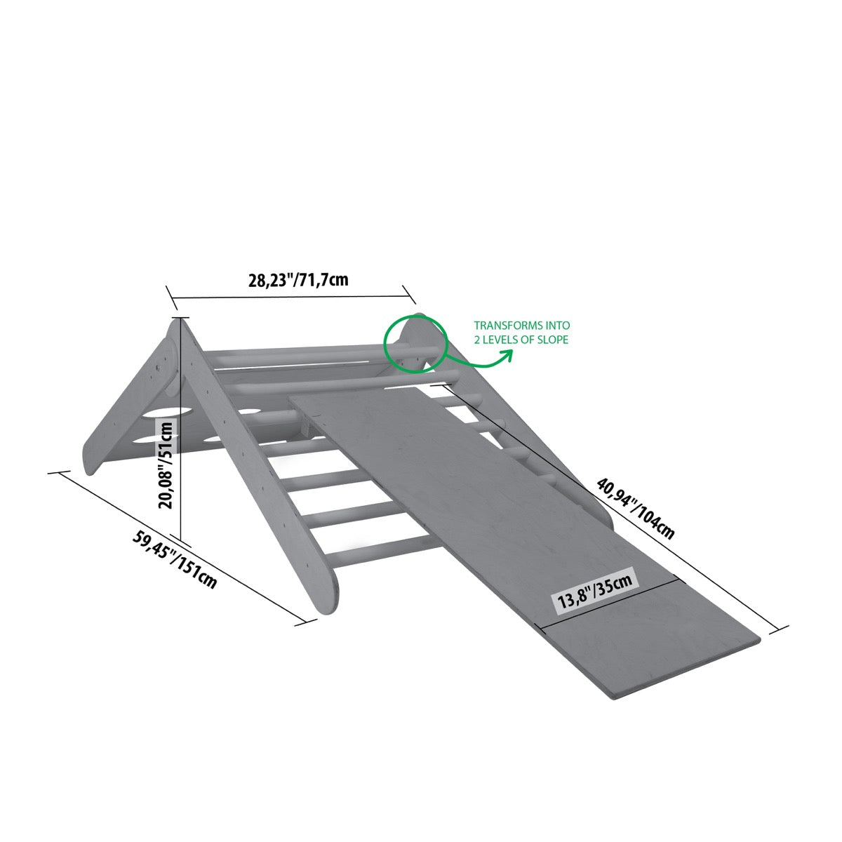 Dimension diagram showing two slope level configurations of climbing triangle with ramp