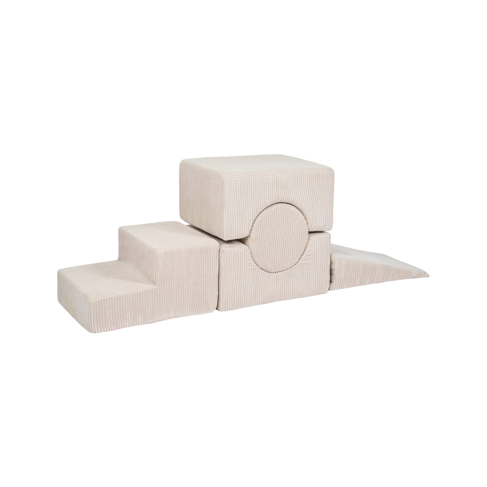 Five-element ecru foam building blocks arranged in different configuration showcasing stacking play possibilities