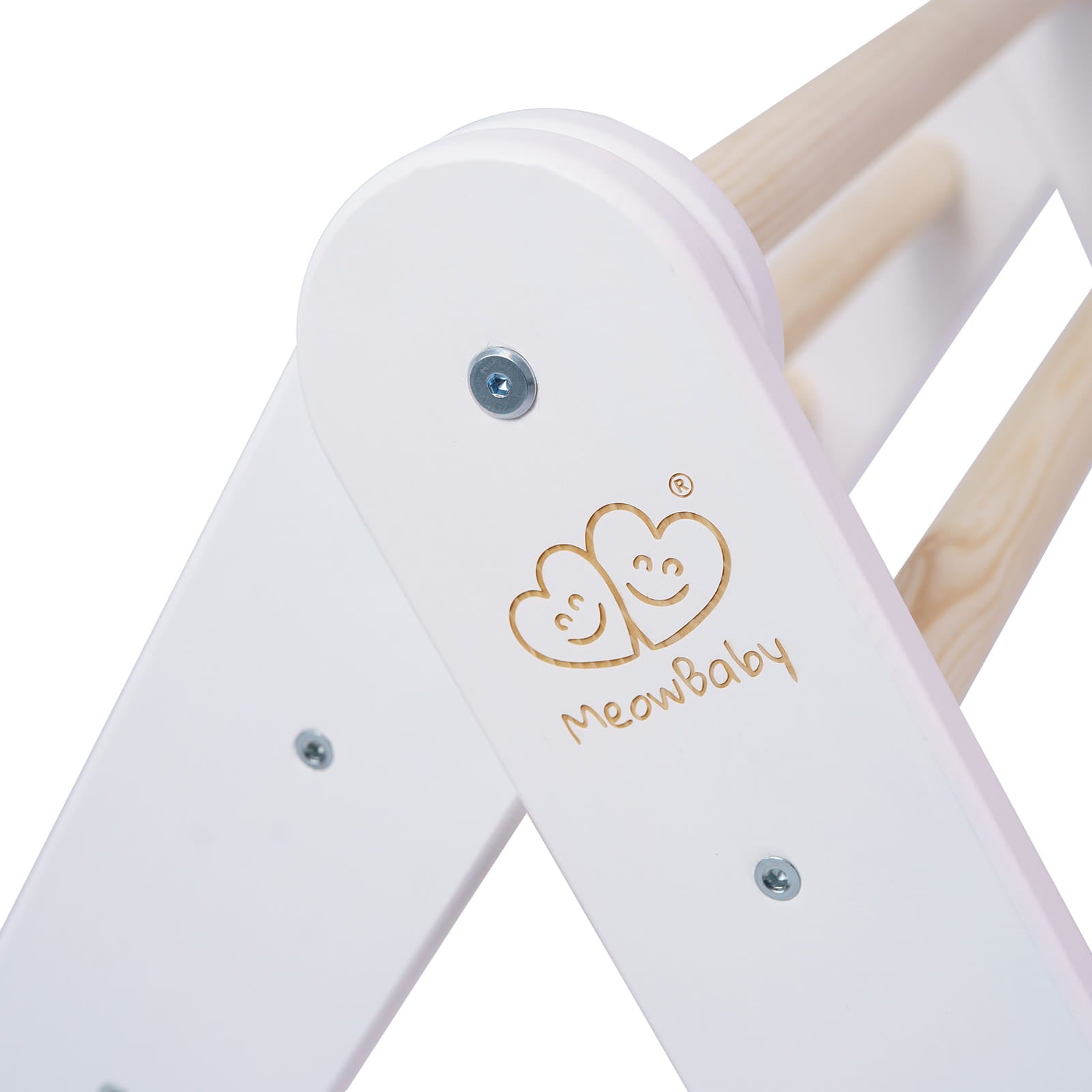 MeowBaby logo detail on white climbing wall side panel