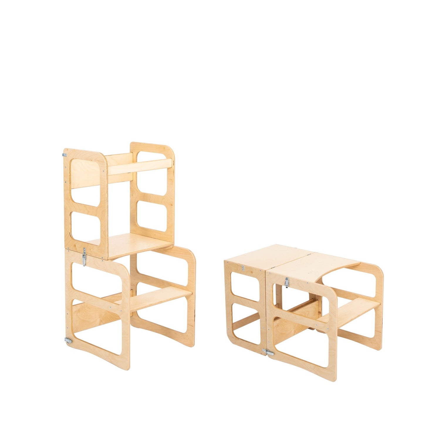 Natural wood kitchen tower stool and white table chair set side by side