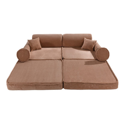 MeowBaby modular sofa in powder pink corduroy with two cushions and cylindrical armrests, front view