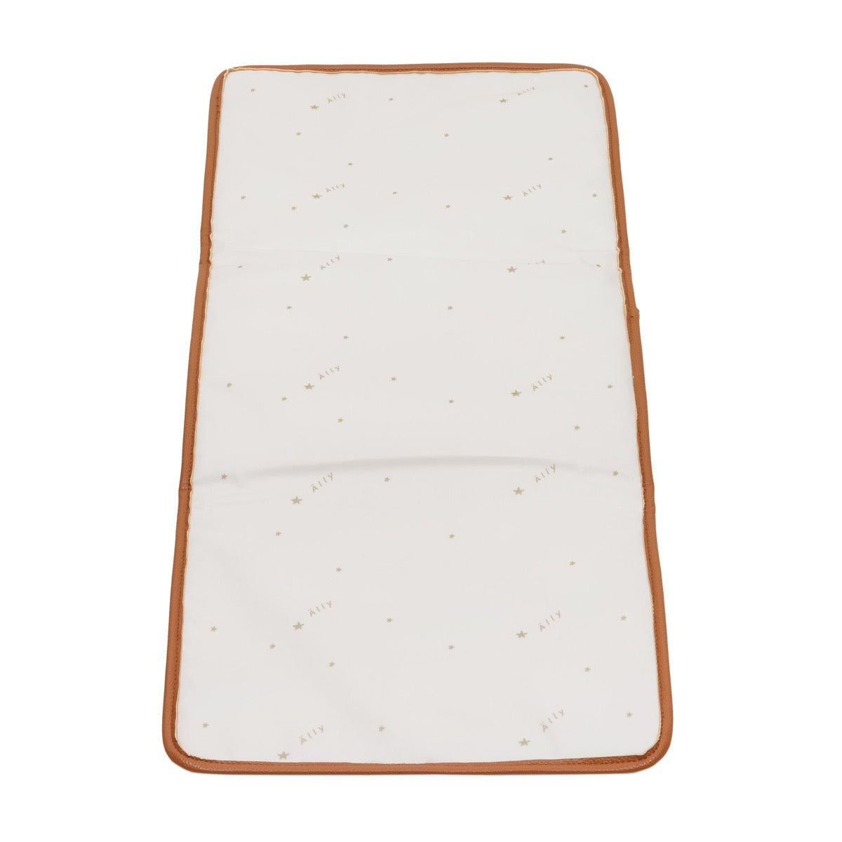 Cream-colored waterproof changing pad with tan vegan leather trim included with backpack